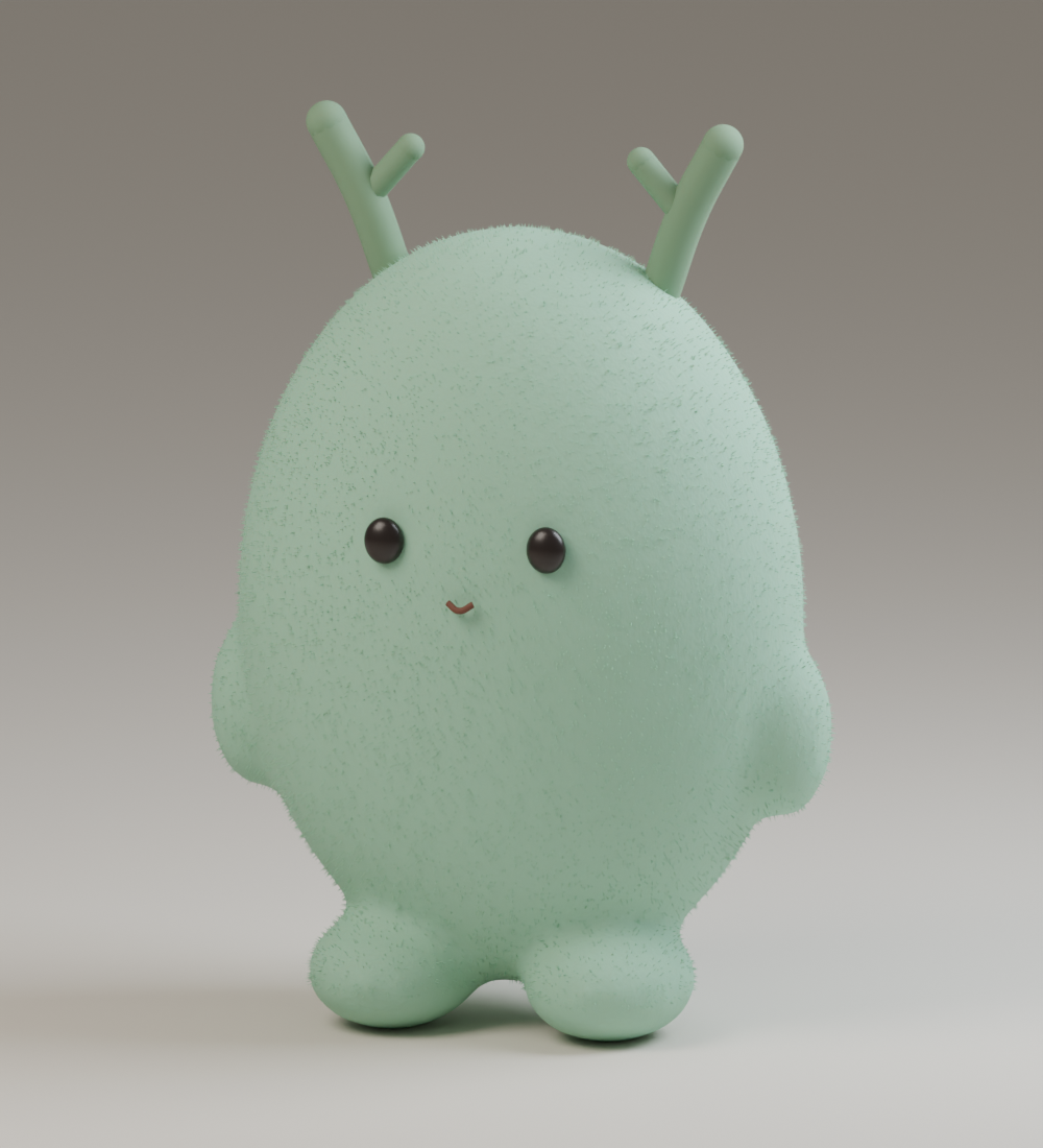 Round mint creature with tiny eyes and two branching sprout-like horns