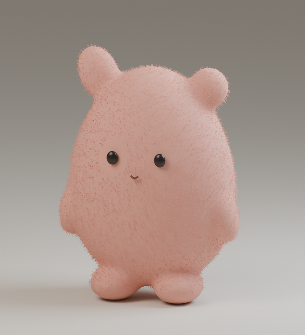 Peach-coloured egg creature with asymmetric soft ears, tiny bead eyes, and a fine velvet coat