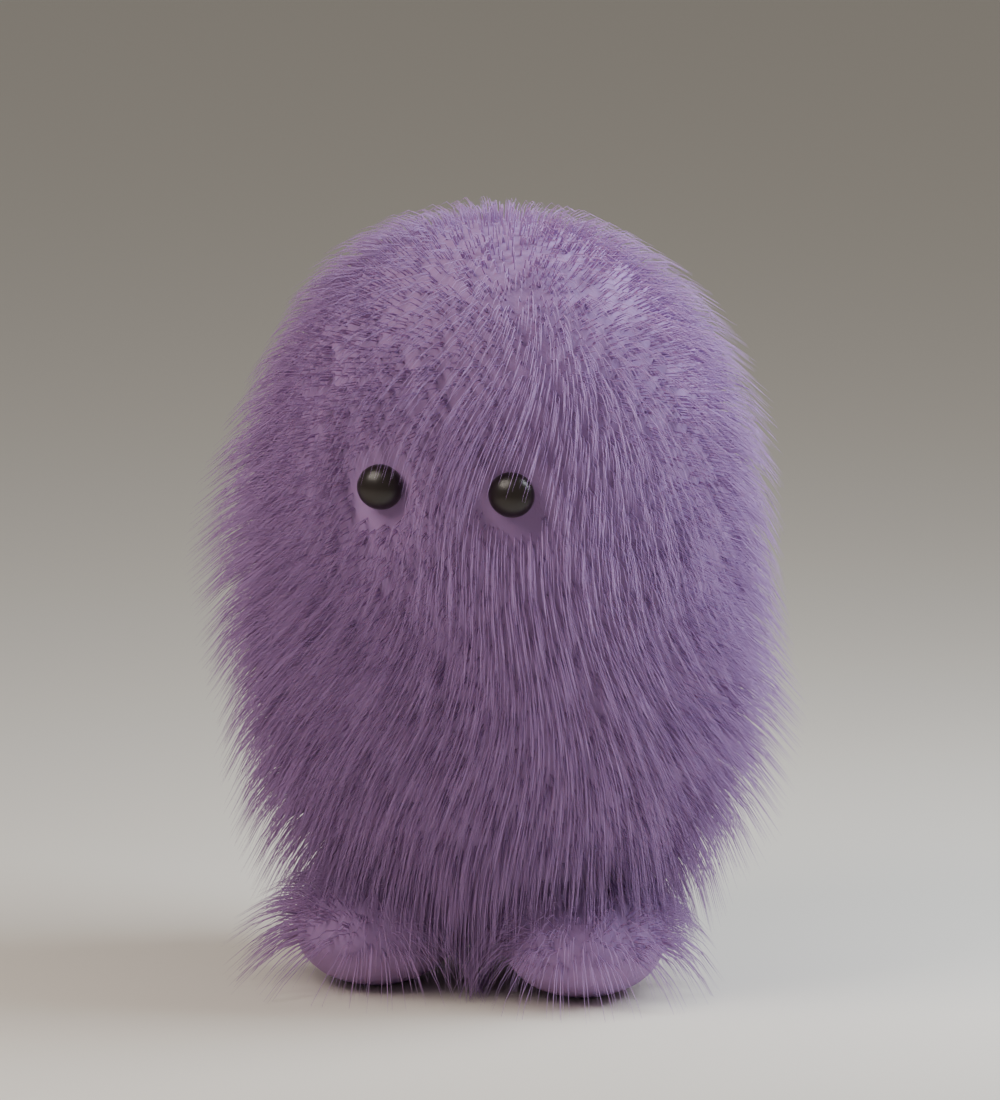 Plum-coloured pill-shaped creature covered with longer downward-combed fur and two small eyes