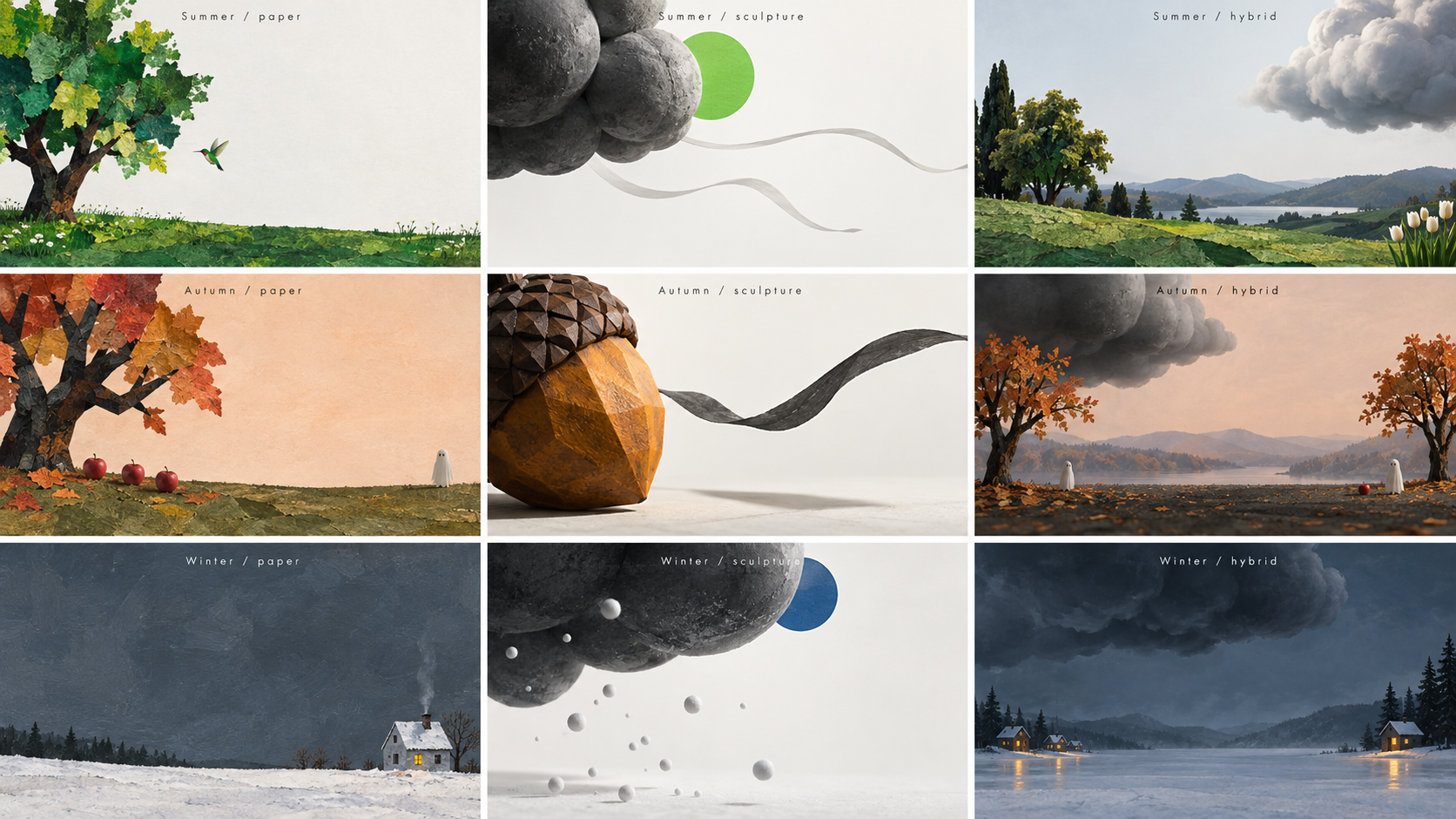 Nine concept images comparing painted landscapes, sculptural weather objects, and hybrid landscapes across three seasons.