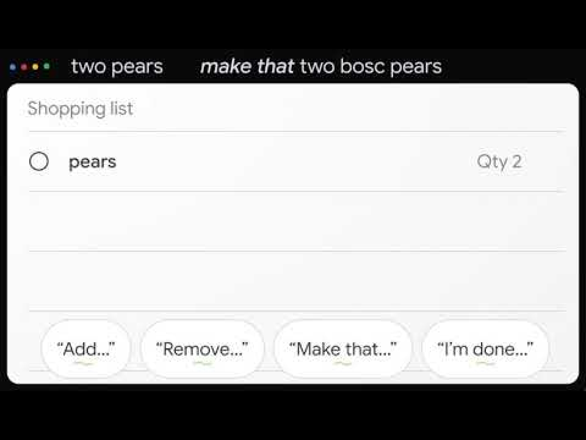 Original shopping list motion-sketch frame, with pears and suggested spoken commands